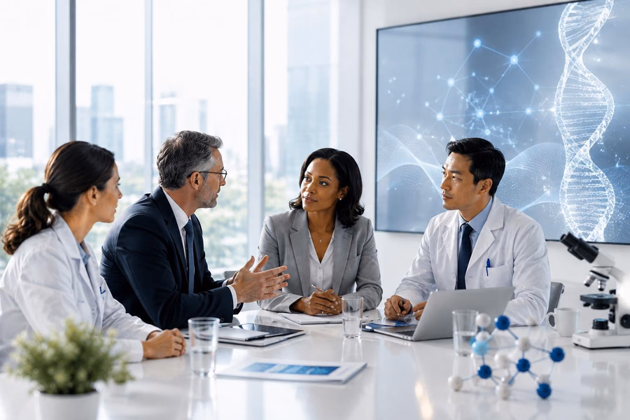A healthcare executive reviewing a printed operational budget